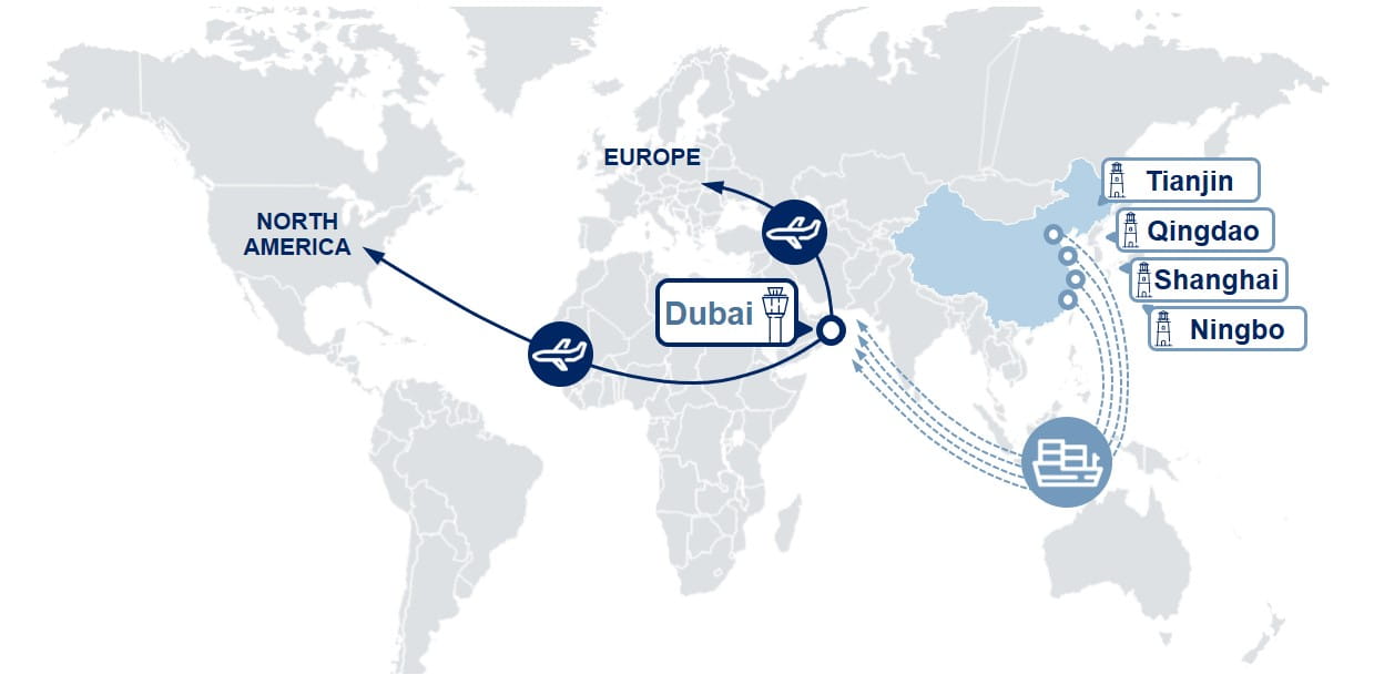 From North and Central China via Dubai